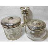 SILVER 2 DRESSING TABLE JARS & SMALL VASE - SILVER WEIGHT 110g
