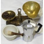 ITALIAN EXPRESSO COFFEE PERCULATOR, PESTLE & MORTAR & BALANCE SCALES & WEIGHTS