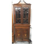 EDWARDIAN INLAID MAHOGANY CORNER DISPLAY CABINET