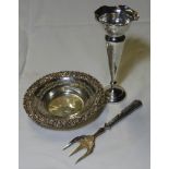 SILVER BONBON DISH, BUD VASE + SILVER BREAD FORK 51G (DISH ONLY)