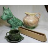 SYLVAC GREEN SCOTTLE DOG NO 1209 8.5'H, JUG 1641, BEIGE TROUGH 1316 + MINT SAUCE JUG & STAND 4683