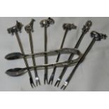 PR OF SMALL EPNS SUGAR TONGS & 6 ANIMAL FINIAL COCKTAIL FORKS