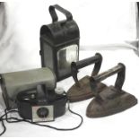 2 FLAT IRONS, CANDLE LANTERN & BROWNIE 127 CAMERA