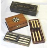 PAINTED EBONISED KNITTING BOX, INLAID CIGARETTE BOX & 2 BOXED SETS KNIVES