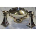 LIBERTY (NO 4521) PLATED COMPORT & PR OF CANDLESTICKS SET WITH RED CABACHONS