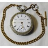 GENTS SILVER PLATED POCKET WATCH ROWLANDS AGRICULTURE LEVER HOLSWORTHY & ROLLED GOLD CHAIN