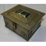 ARTS & CRAFTS TABLE BOX WITH ENAMEL PLAQUE (SEWING LADY) TO LID (6 3/4 X 5 1/2) + ABALONE SHELL