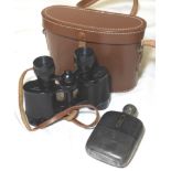 PAIR OF CASED CORSAR 8X30 BINOCULARS & PEWTER/LEATHER CLAD HIPFLASK