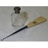 SIVLER TOPPED SCENTS FLASK & SILVER & BONE HANDLE BUTTON HOOK