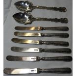 6 SILVER TEA KNIVES + 2 PLATED SPOONS