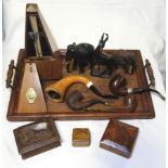 OAK TEATRAY, METRONOME, TRINKET BOXES, PIPES ETC