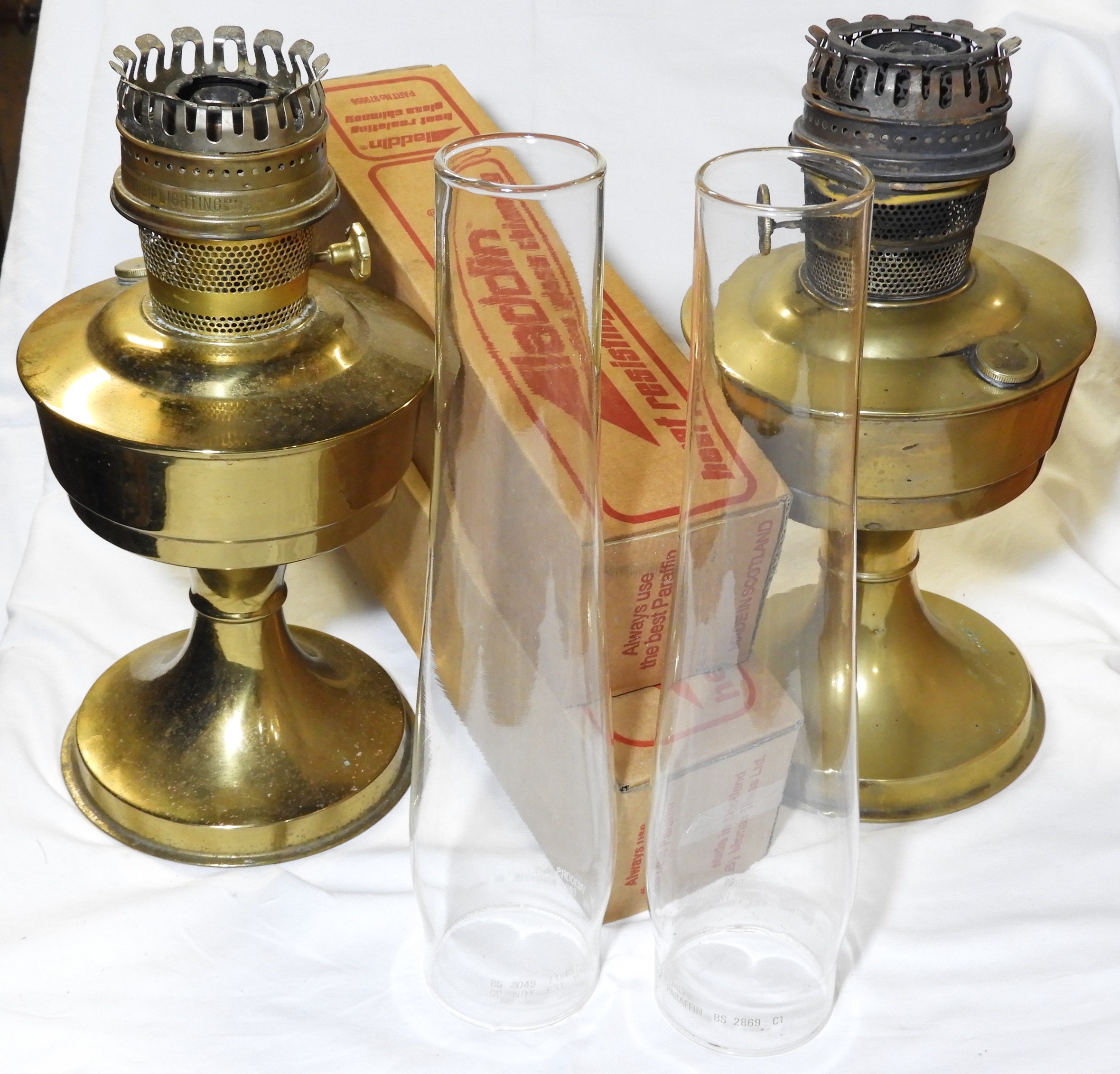 2 BRASS OIL LAMPS WITH FUNNELS