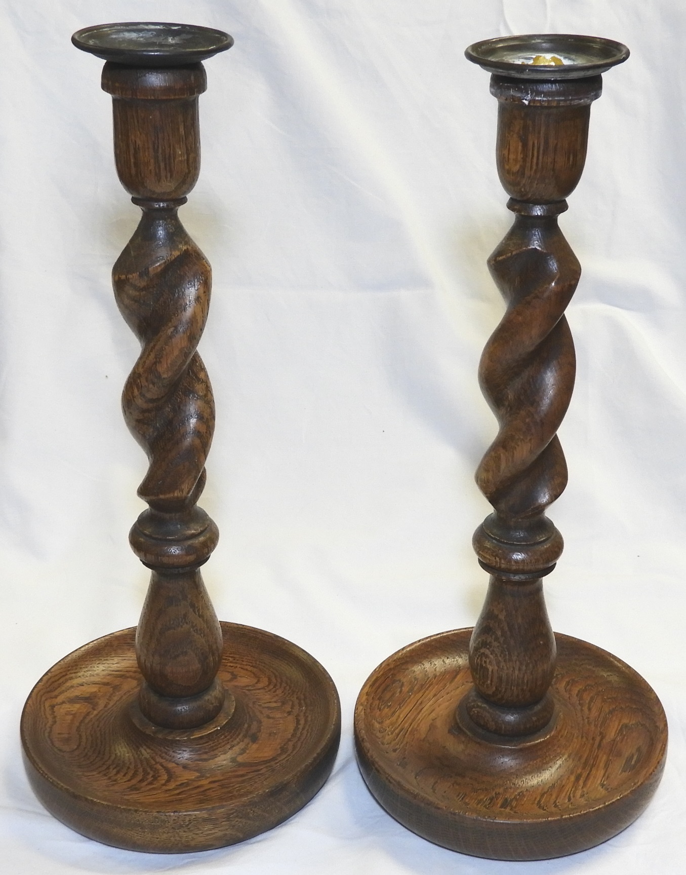 PAIR OF OAK BARLEY TWIST CANDLESTICKS