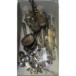 BOX VARIOUS SILVER PLATED CUTLERY + 4 BOTTLE TABLE CRUET