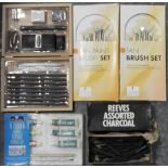 BOX ARTISTS EQUIPMENT INC 2 SETS FAN BRUSHES, PENCIL/CHARCOAL BOX SET, ACRYLIC PAINTS + REEVES