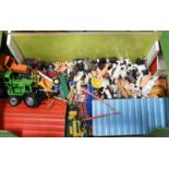 BOX OF 1970'S FARMYARD WITH LARGE QTY OF ANIMALS & MACHINERY