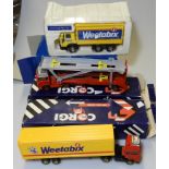 BOXED CORGI VOLVO WEETABIX TRUCK, CARGO BOX VAN + VOLVO CAR TRANSPORTER