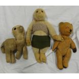 3 OLD WELL LOVED TOYS - TEDDY BEAR, MONKEY & DOG