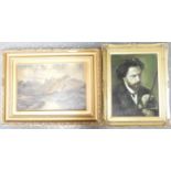 Gilt framed oil to canvas Mountain scenes & oliograph of a Gentleman