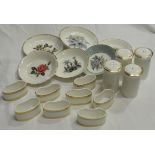 ROYAL DOULTON GOLD CONCORD 8 NAPKIN RINGS, 4 CONDIMENTS & 6 PIN DISHES