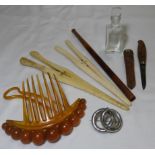 2 GLOVE STRETCHERS, HAIR COMB, BROOCH & OTHER PIECES