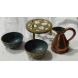 COPPER HALF PINT ALE MEASURE, BRASS TRIVET & 2 CLOISONNE BOWLS