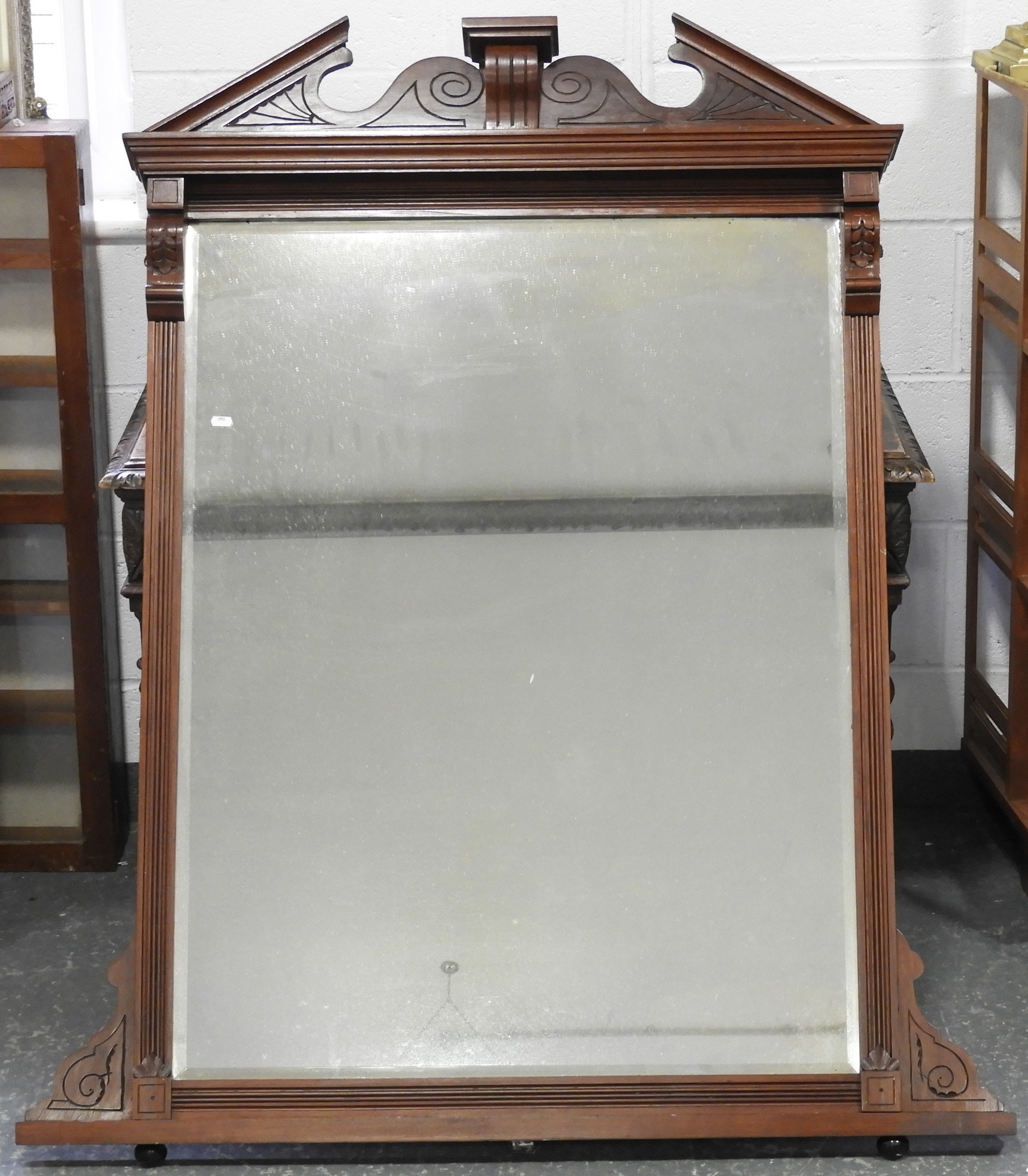 MAHOGANY FRAMED OVERMANTLE MIRROR 49' X 36.5'