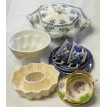 RATHBONE JAPAN TUREEN & COVER, 2 JELLY MOULDS, 6 PCES BURLEIGH WILLOW TEA CHINA & 3 GROSVENOR