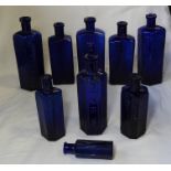 9 BLUE GLASS POISON BOTTLES