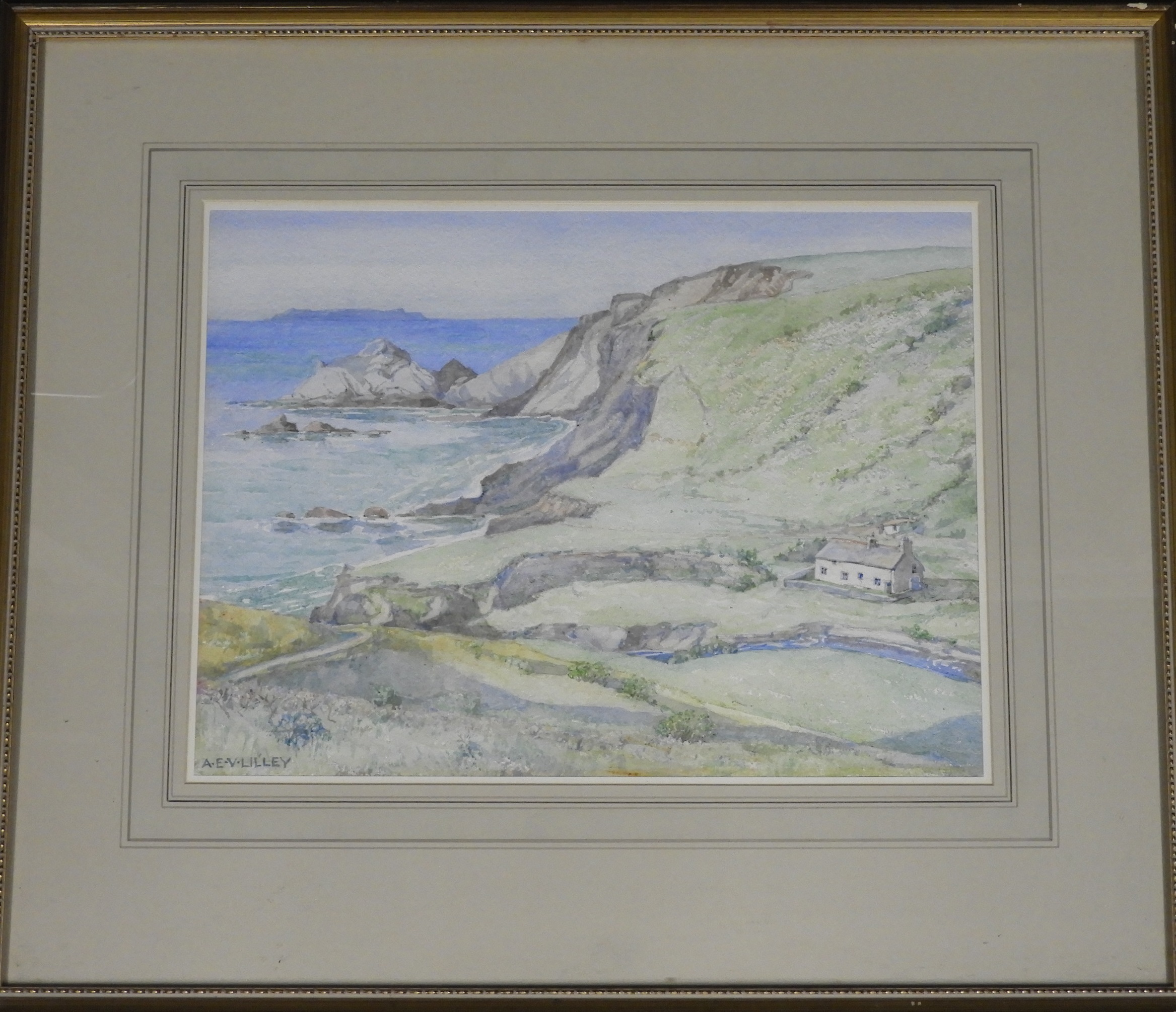 A.E. V. LILLEY WATERCOLOUR NORTHCOTT MOUTH BUDE TOWARDS LUNDY 15" x 11"
