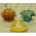 ART GLASS BASKET, GLASS DISH & FLUTED RIMMED VASE