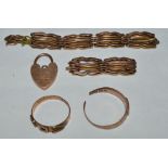 9CT GOLD SCRAP LOCKET BRACELET & 2 RINGS 17.79 G