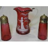 2 CRANBERRY GLASS CASTORS + MARY GREGORY CORDIAL JUG