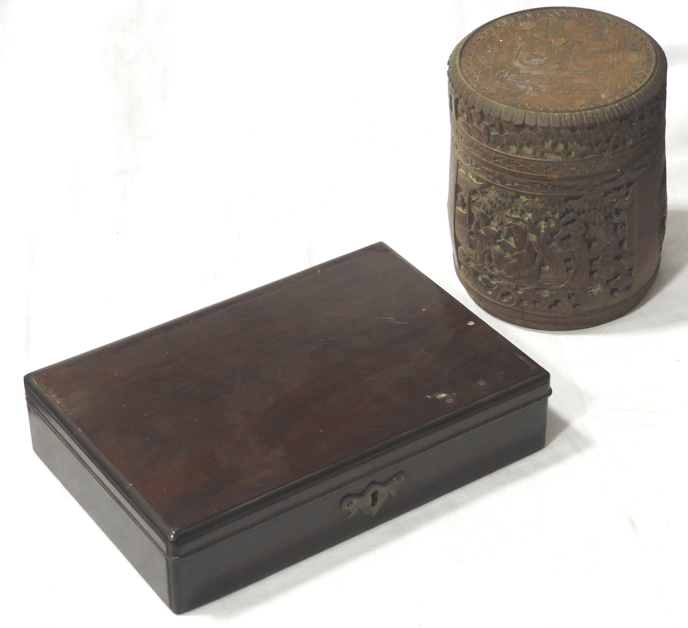 MAHOGANY TABLE BOX & CARVED ORIENTAL CIRCULAR CADDY BOX