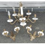 PR OF GILT METAL & MARBLE CHANDELIER & WALL LIGHTS