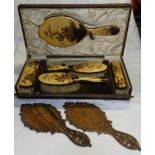 CASED 6 PCE LADIES BRUSH SET GILDED & LACQUERED + 2 OLIVE WOOD HAND MIRRORS