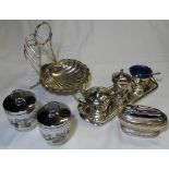 PLATED CONDIMENT SET, RONSON LIGHTER, BUTTER DISH & 2 WORCESTER EGG CODDLERS