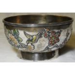 SILVER & ENAMEL CHINESE BOWL DECORATED WITH FLOWERS & BIRDS 212.9G 5' DIAM 2.5'H