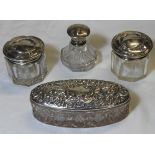 SILVER TOPPED 4 GLASS DRESSING TABLE PIECES