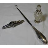 SILVER BUTTON HOOK, CHILDS TEETHING RATTLE & BANDED SCENTS BOTTLE