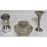 SILVER TOPPED INKWELL, PEPPERMILL & BUD VASE