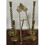 2 PAIRS BRASS BARLEYTWIST CANDLESTICKS & AN EASEL STAND