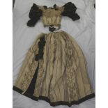 VICTORIAN LADIES COSTUME; SKIRT 24'W GREEN SILK EMBROIDERED WITH VELVET PANEL, BOWS & HEM, CORSETTED