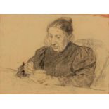 ANKER, ALBERT(1831 Ins 1910)Sitzende Frau am Tisch beim Kaffeetrinken.Bleistift auf Papier.23 x 31