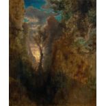 CALAME, ALEXANDRE(Vevey 1810 - 1864 Menton)Gorge avec arbrisseau, ciel à lumière jaune. 1857-1863.Öl