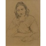 ANKER, ALBERT(1831 Ins 1910)Teetrinkende Frau am Tisch.Bleistift und Kohle auf Papier.30,5 x 22,5 cm