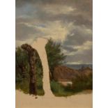 CALAME, ALEXANDRE(Vevey 1810 - 1864 Menton)Arbres, montagne et eau. Um 1850.Öl auf Papier.47 x 34,
