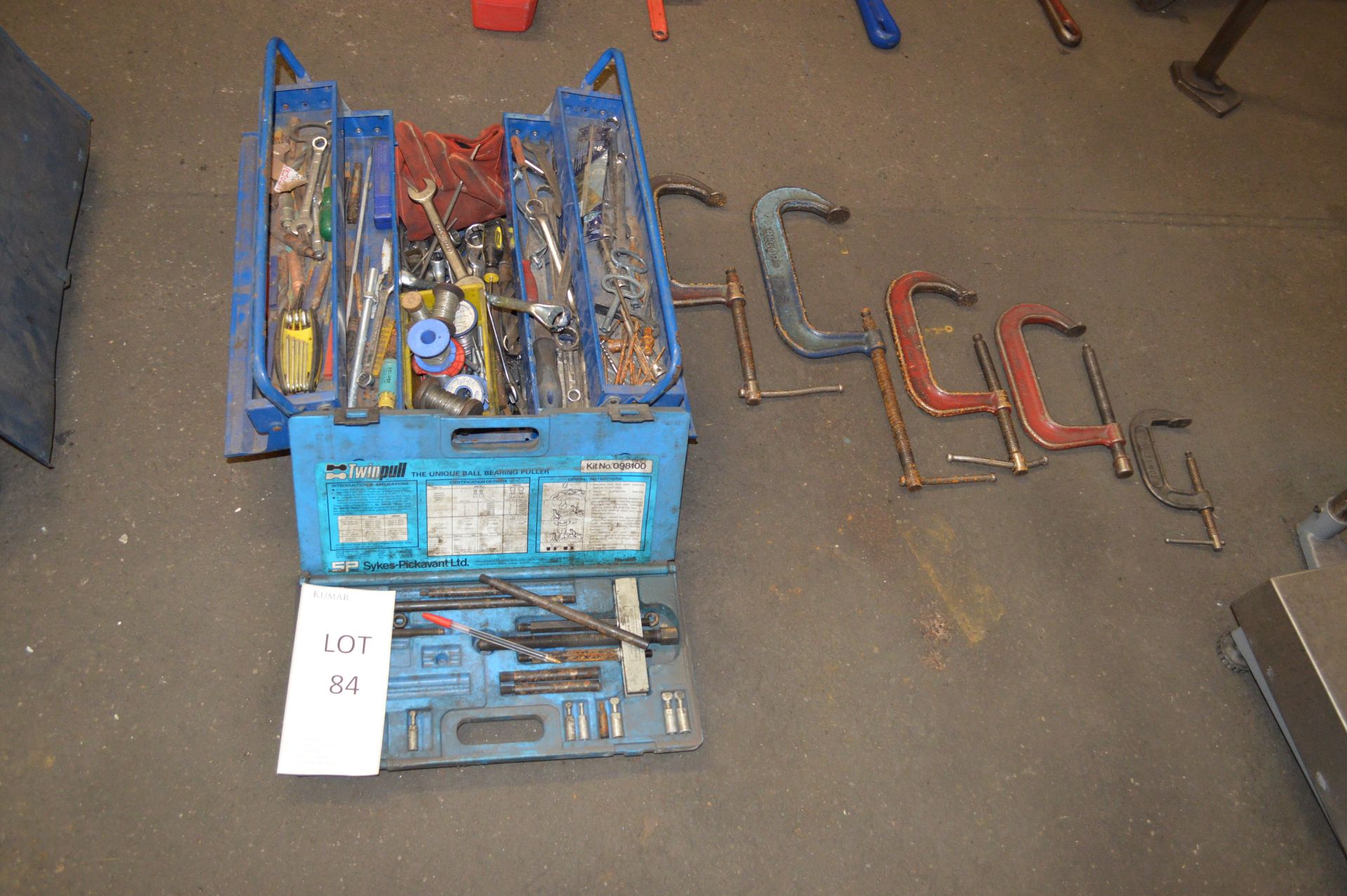 Tool Box & Contents to include Selection Bearing Puller Set & G Clamps