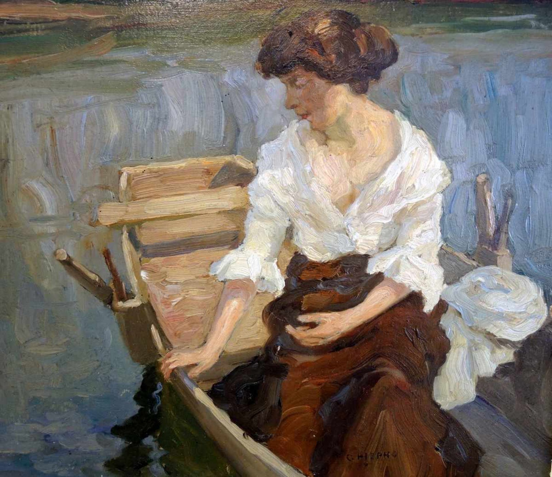 Carl Piepho, 1869 Frankfurt - 1920 München Mädchen im Boot. Öl/Malkarton, gerahmt. Signiert "Carl - Bild 3 aus 3