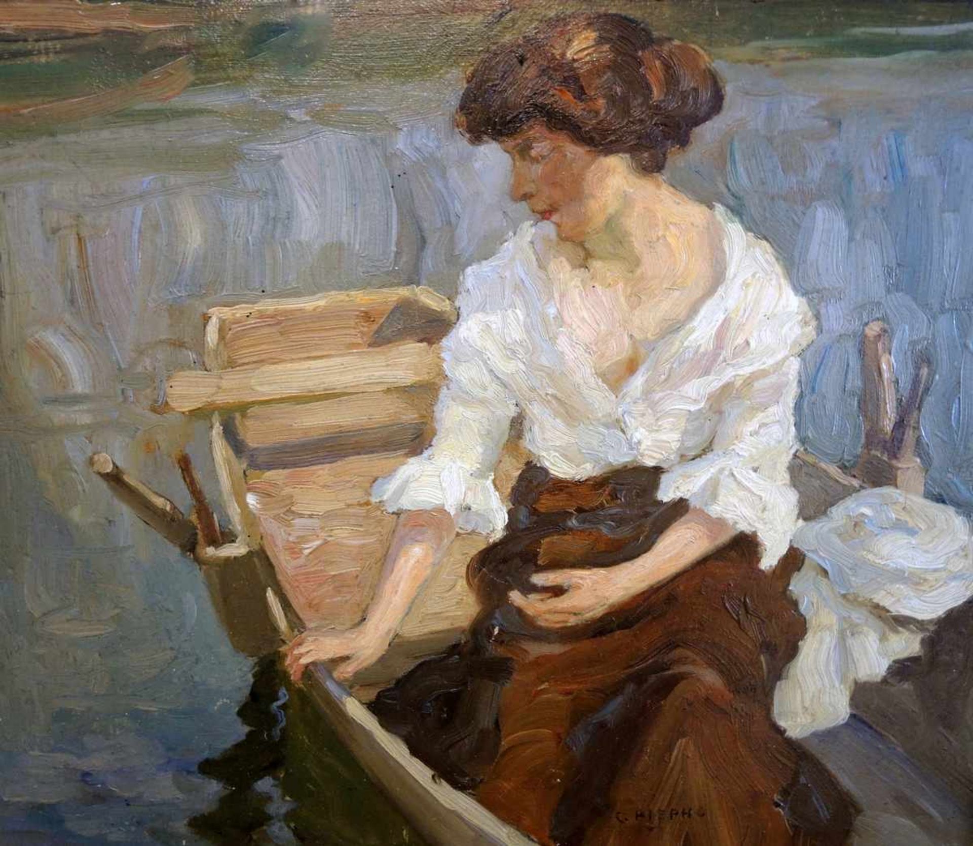 Carl Piepho, 1869 Frankfurt - 1920 München Mädchen im Boot. Öl/Malkarton, gerahmt. Signiert "Carl